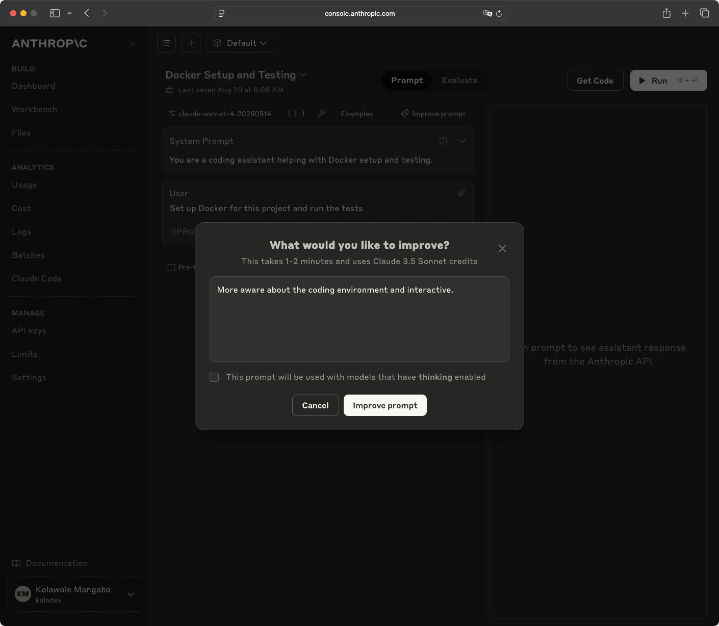 Anthropic improve prompt modal asking for improvement requirements