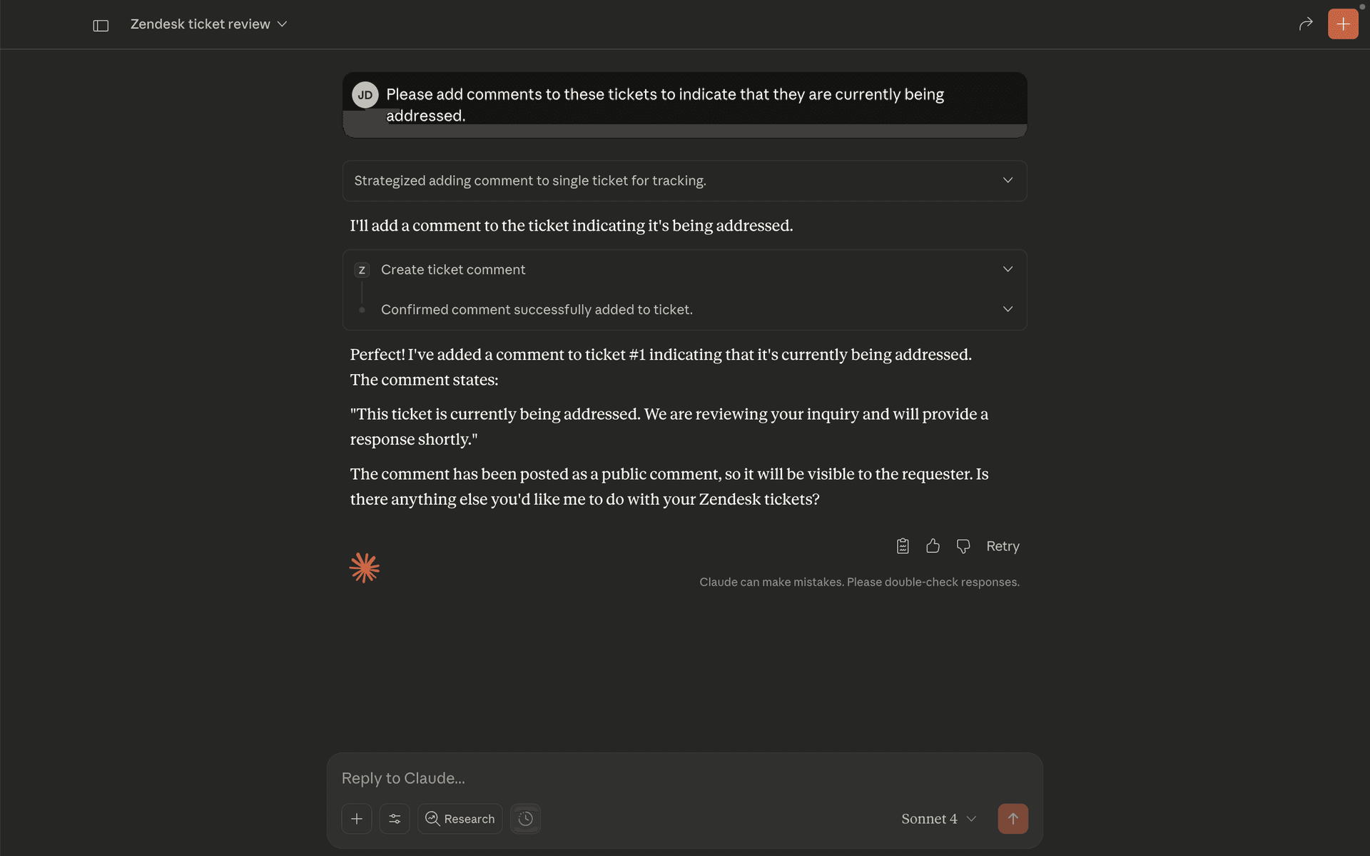 Claude adding comment to Zendesk ticket