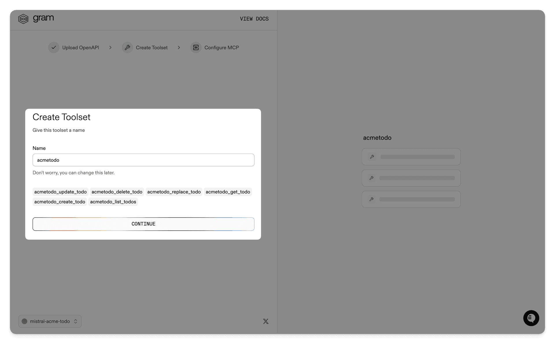 Screenshot of the create toolset dialog