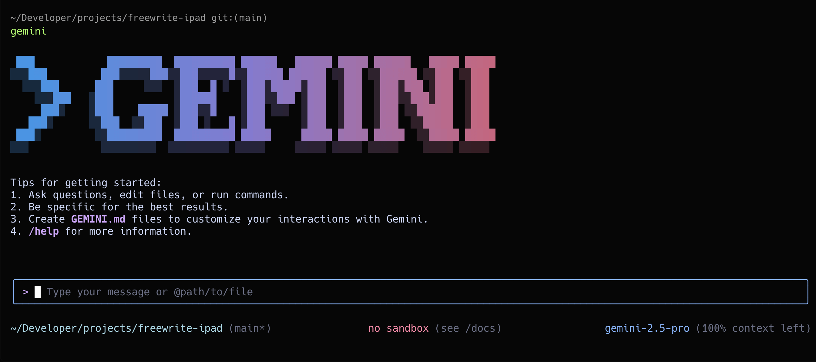 Gemini CLI terminal interface showing welcome message