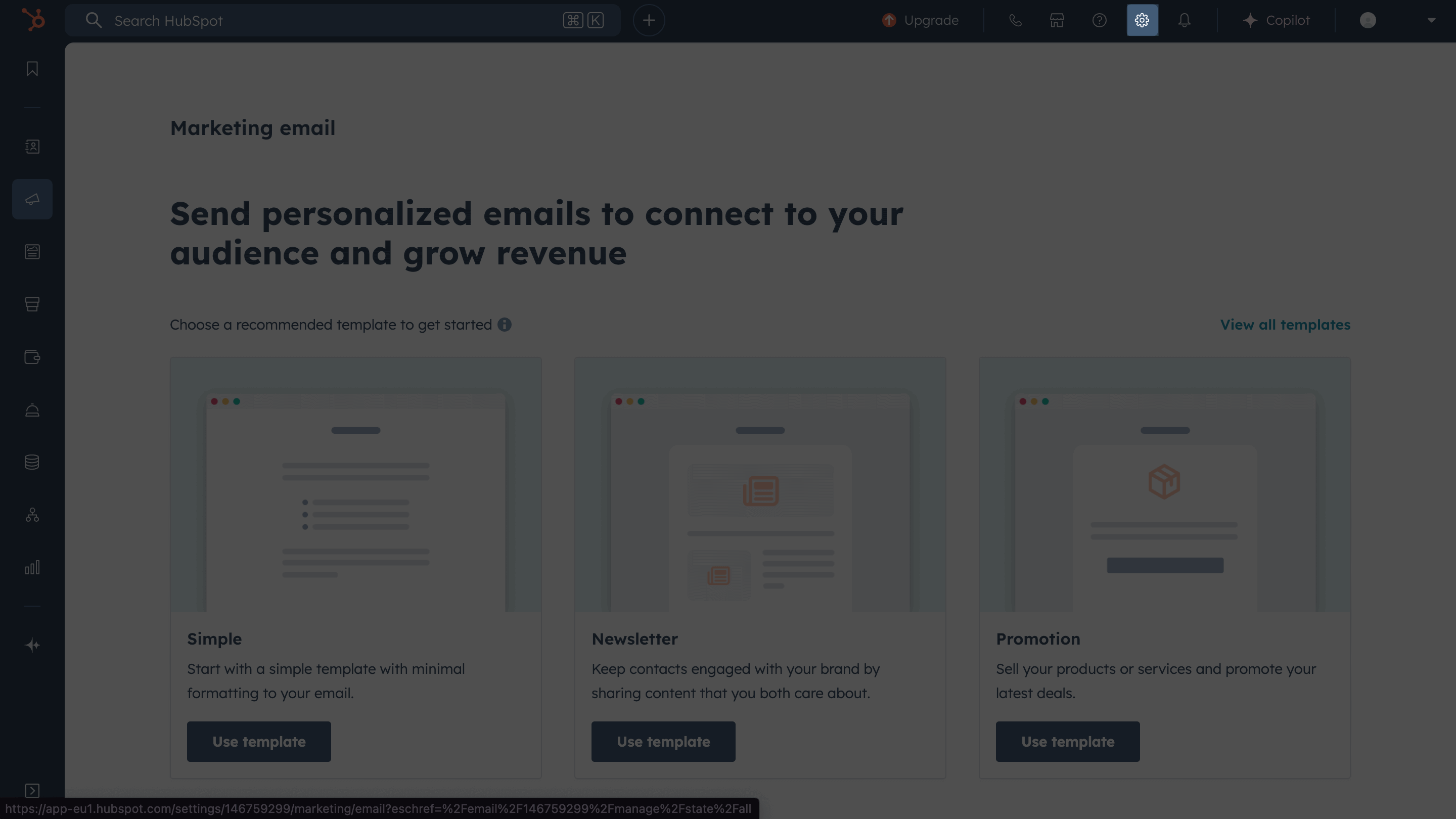 HubSpot settings icon in the top navigation bar