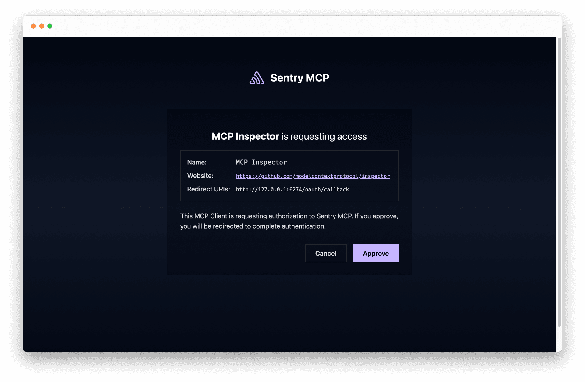 MCP server consent screen showing the client requesting access