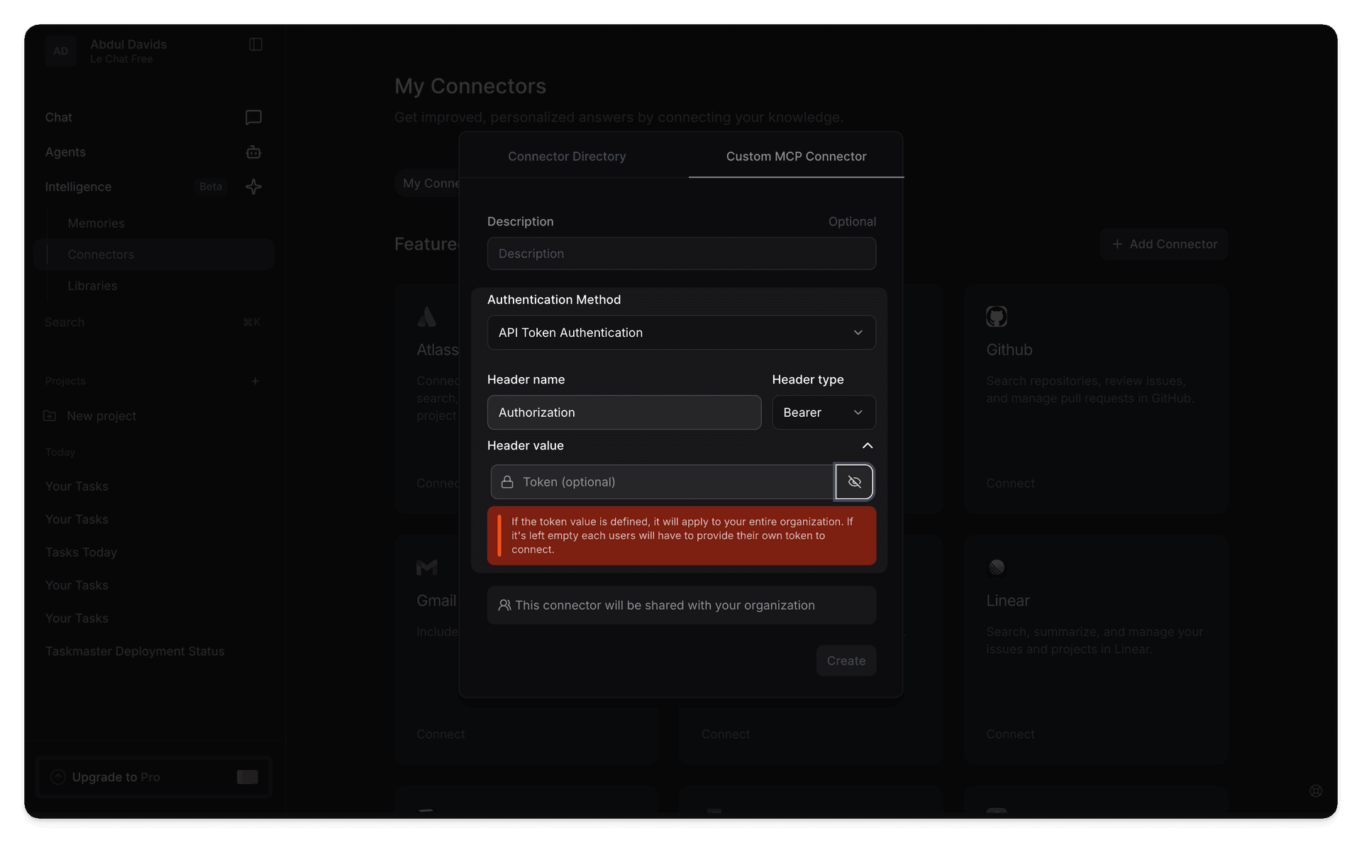 Screenshot showing the Mistral Add Custom Connector dialog with API Token Authentication selected