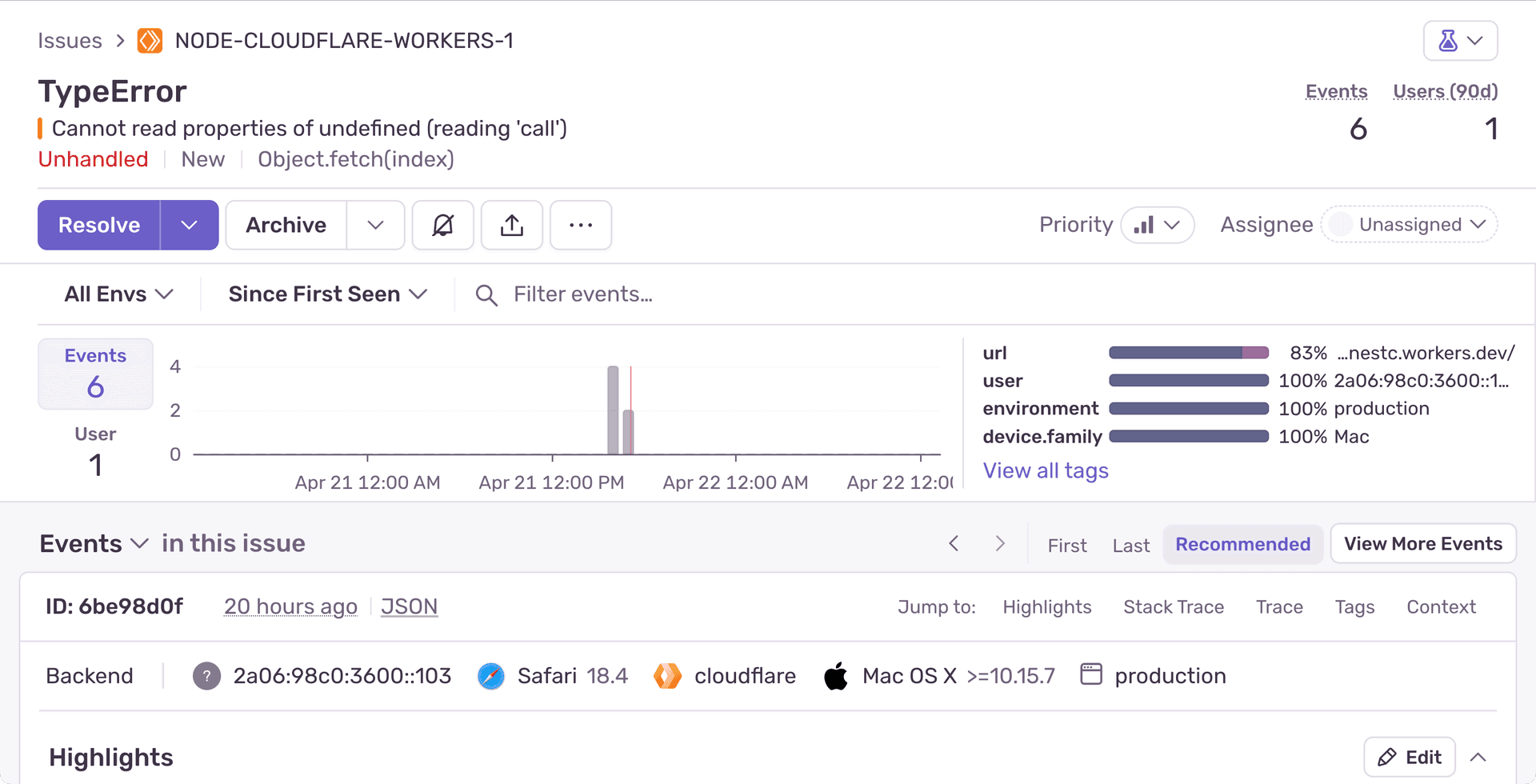 Sentry error details showing the stack trace and TypeError