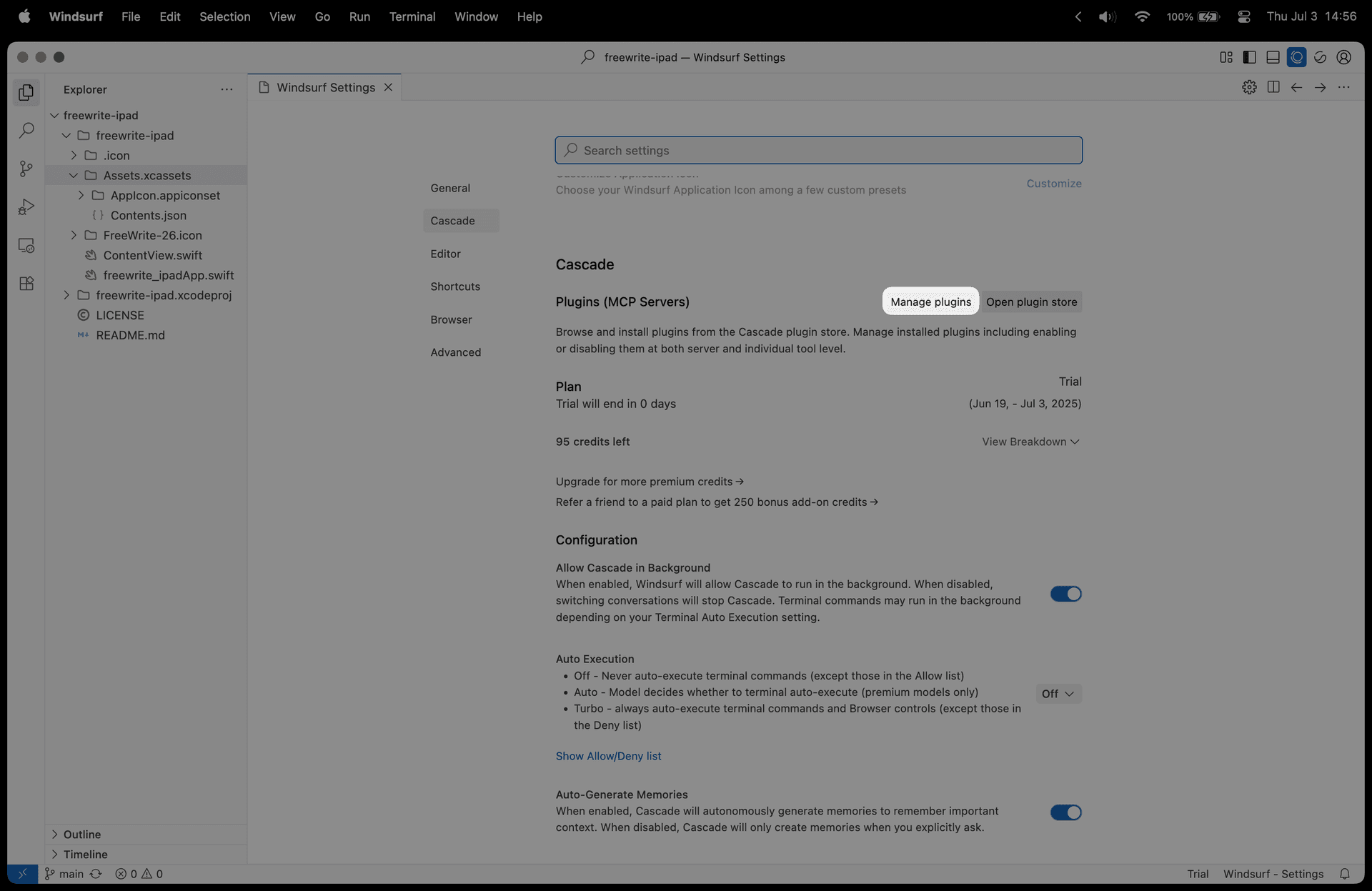 Screenshot showing the Windsurf manage plugins interface