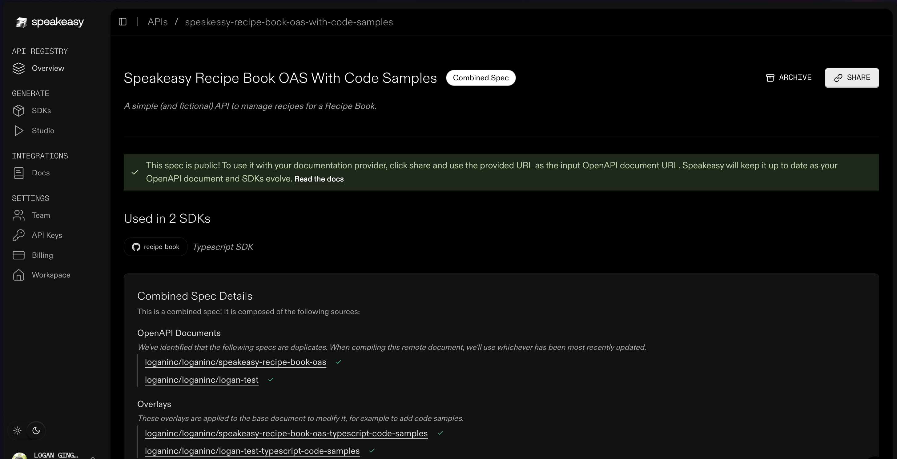 Screenshot showing the combined spec registry entry with the share function highlighted.