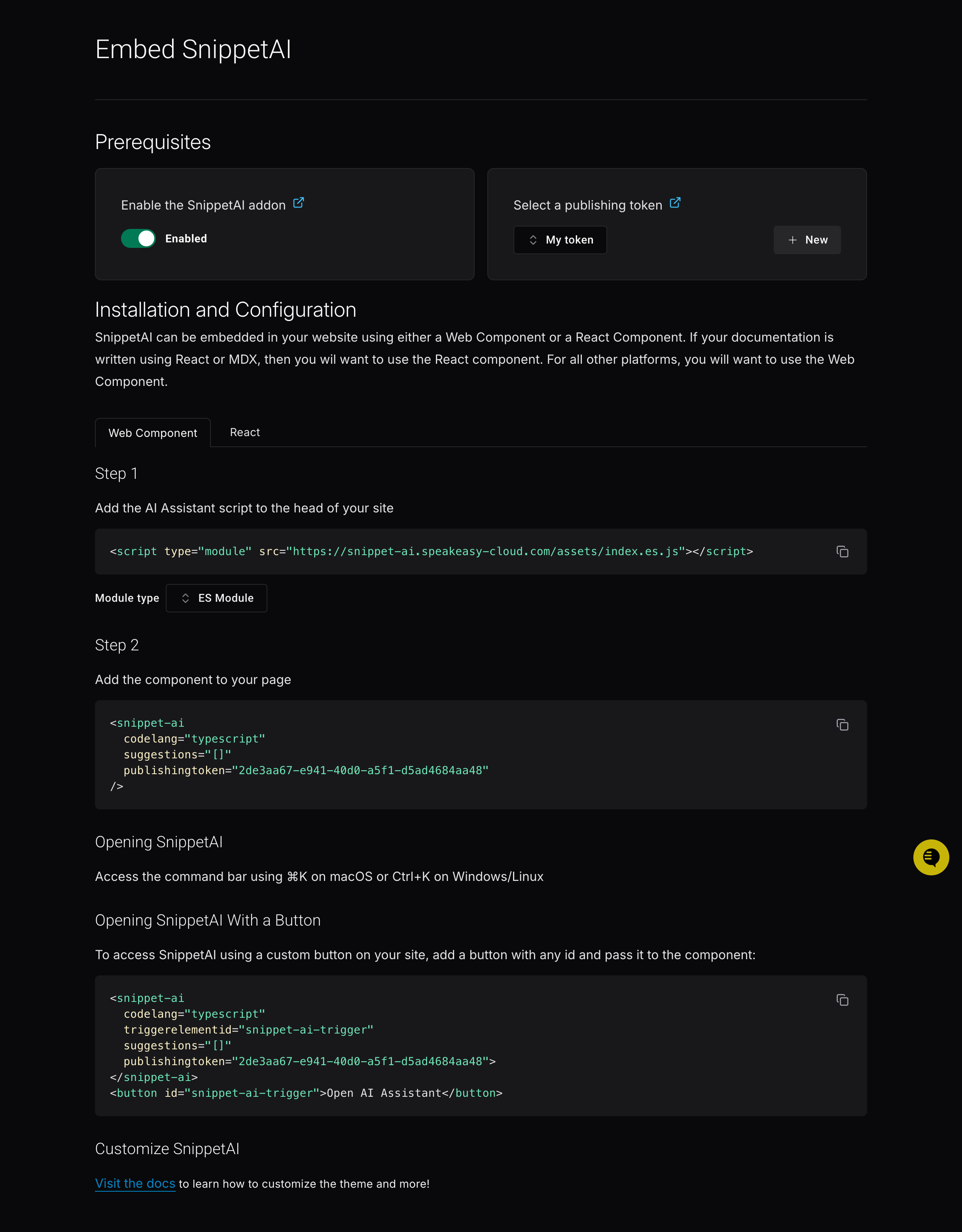 Screenshot showing SnippetAI integration instructions
